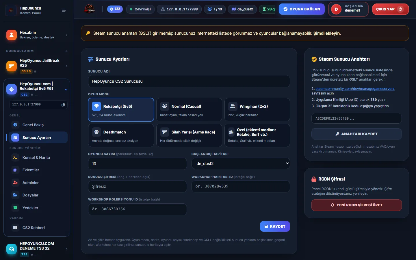Sunucu Ayarları & Steam Anahtarı (GSLT) ekran görüntüsü