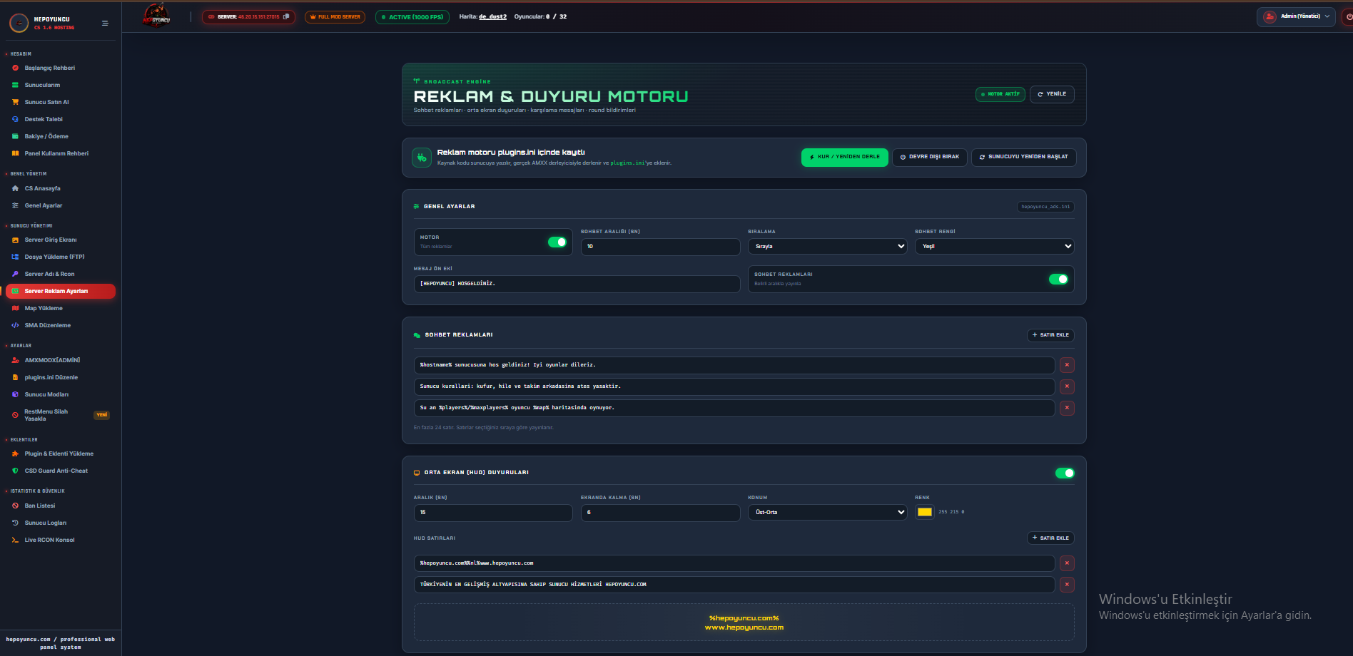 Server Reklam Ayarları ekran görüntüsü