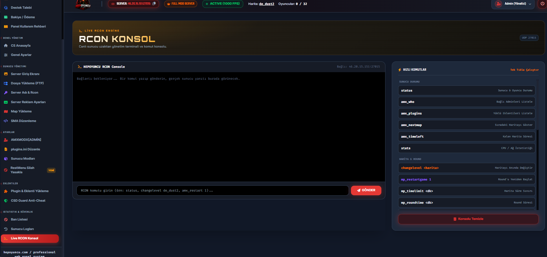 Live RCON Konsol ekran görüntüsü