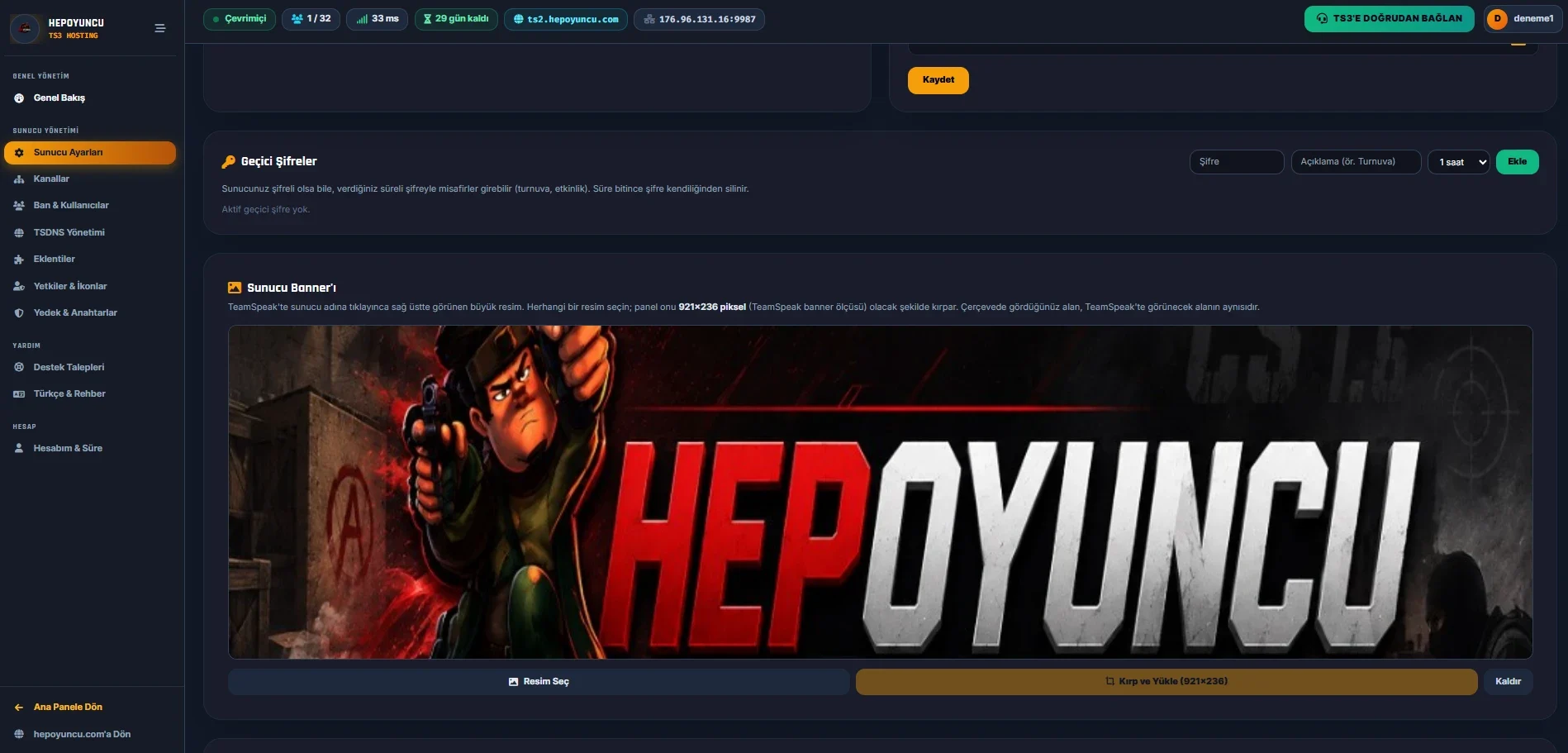 HepOyuncu TS3 panel — Banner & Geçici Şifreler ekran görüntüsü